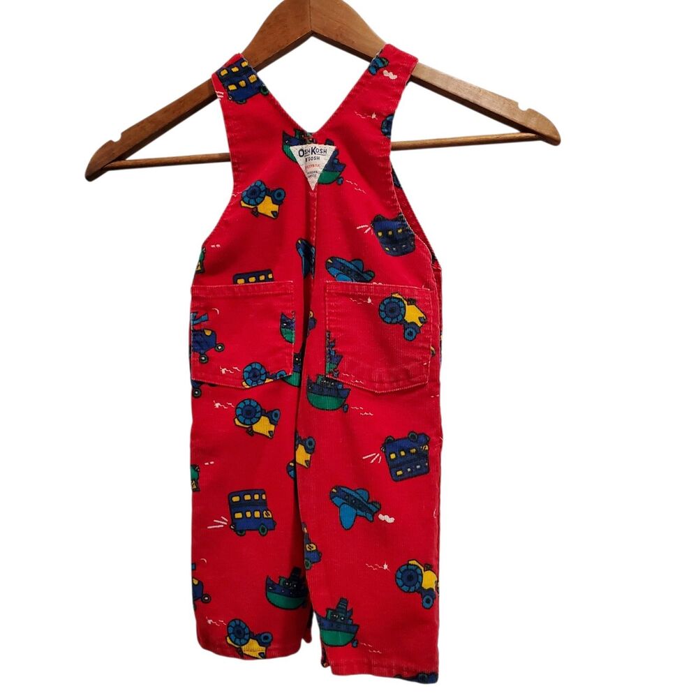 Vintage 6-9 mos OshKosh B’Gosh Red Corduroy Overalls Vehicles bus truck plane - Picture 2 of 8